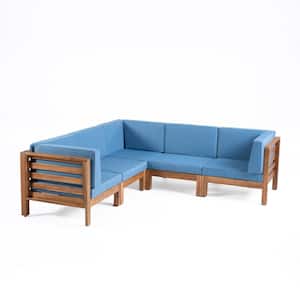 Oana Teak Brown 5-Piece Wood Outdoor Sectional with Blue Cushions