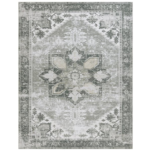 SAFAVIEH Tuscon Dark Sage/Ivory 8 ft. x 10 ft. Machine Washable Border Distressed Area Rug