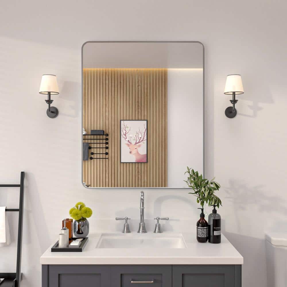 niveal 30 in. W x 36 in. H Rectangular Framed Wall Bathroom Vanity Mirror in Gun Grey SM-3036GY ...