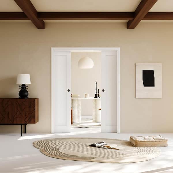 72 in. x 80 in. Paneled White Primed MDF Pocket Sliding Door with Pocket Door Frame and Hardware Kit