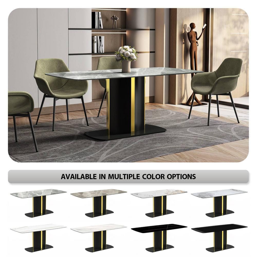 Sylva 71" Light Grey Glass Top Dining Table with Black and Gold Steel Base