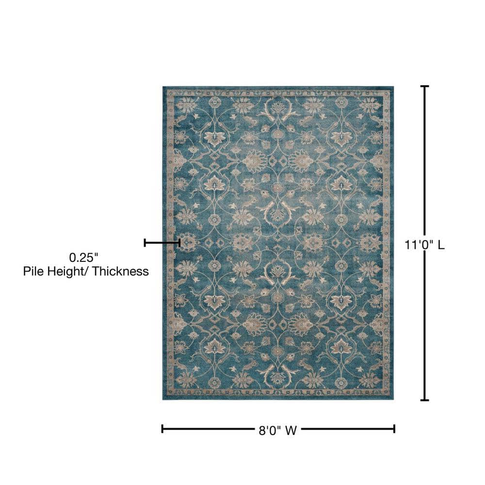Blue and Beige Floral Synthetic Area Rug, 8' x 11'