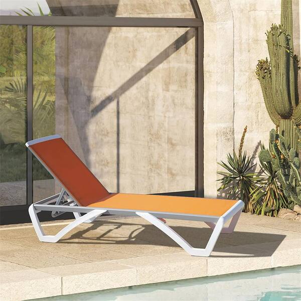 Cesicia Adjustable White Frame 1-Piece Metal Outdoor Chaise Lounge in Orange with Side Table