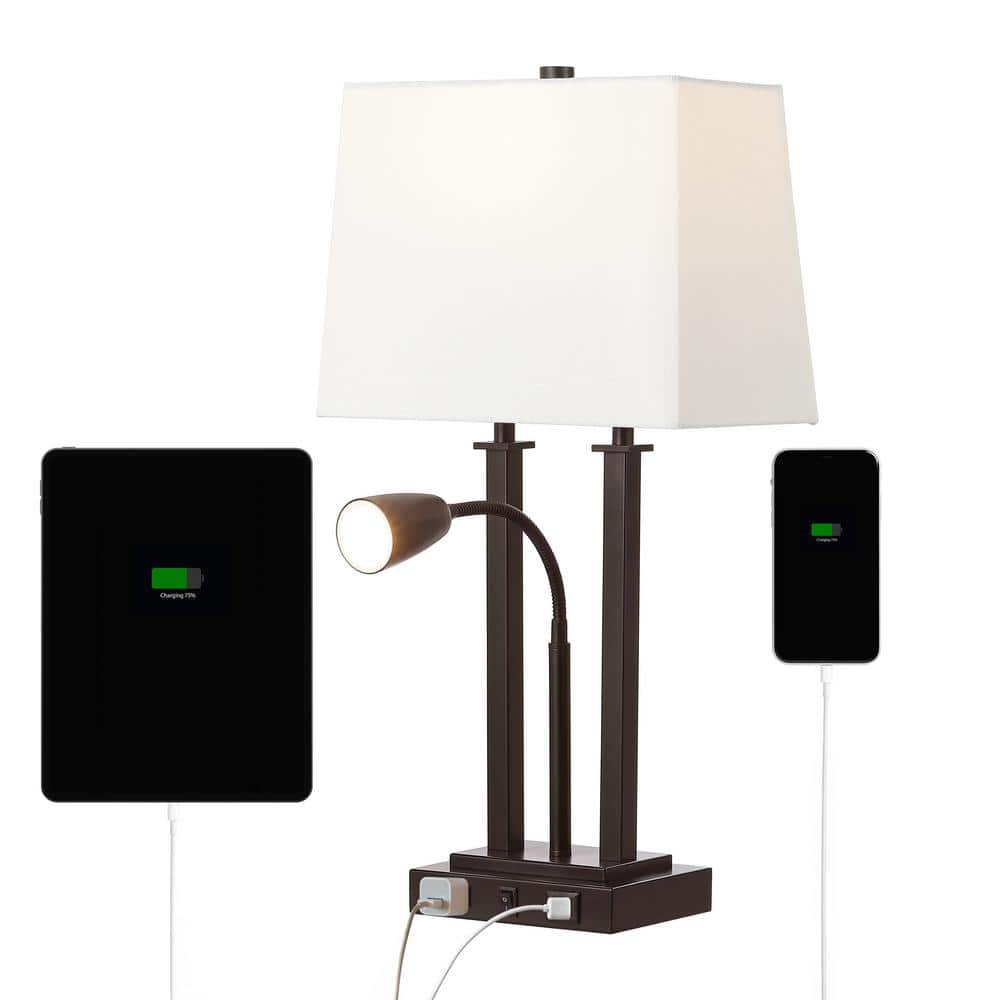 Blaire 23.75 in. Oil Rubbed Bronze 2-Light Metal LED Table Lamp with USB port, Adjustable Reading Light and AC Outlet price history on PriceWatchPro