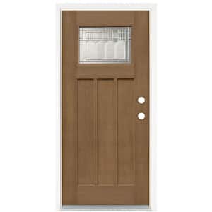 36 in. x 80 in. Medium Oak Left-Hand Inswing 1-Lite Vintage Classic Craftsman Stained Fiberglass Prehung Front Door