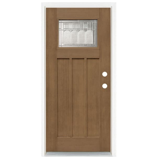 MP Doors 36 in. x 80 in. Medium Oak Left-Hand Inswing 1-Lite Vintage Classic Craftsman Stained Fiberglass Prehung Front Door