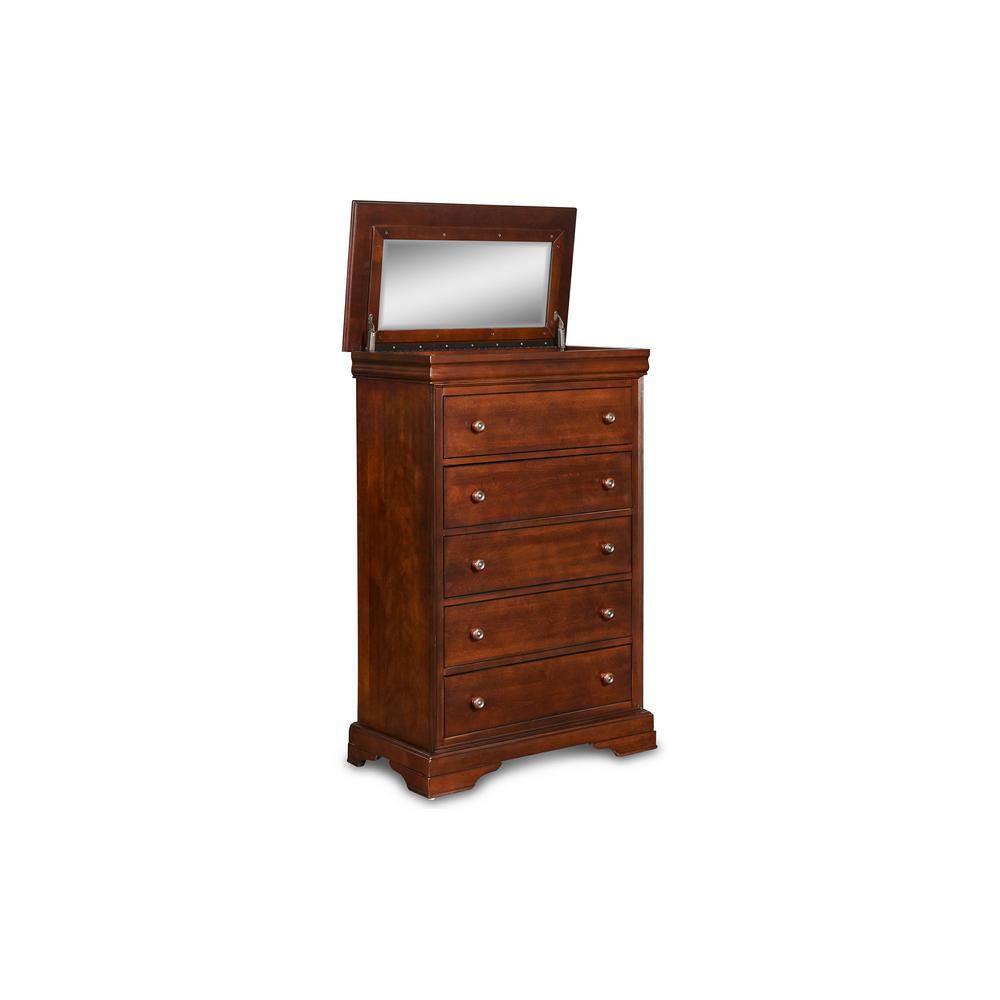Bordeaux Cherry 5-Drawer Lift Top Chest with Mirror