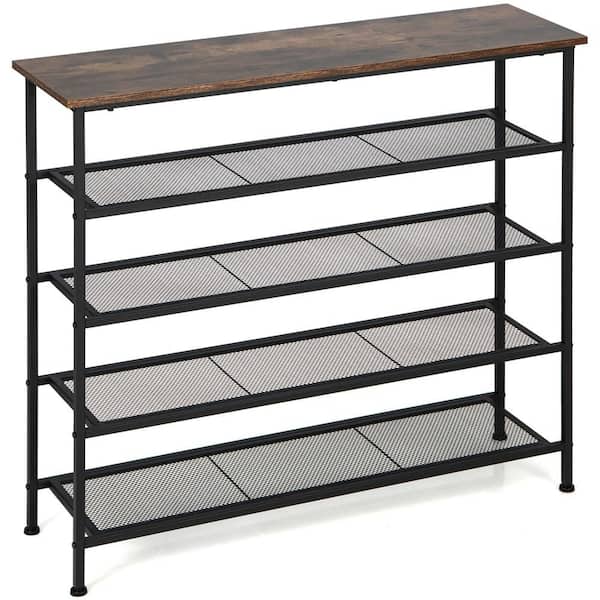 Free Standing 36.5 in. H for 16-20-Pairs Shoe Rack, 5-Tier WoodTop Storage Organizer with 4 Metal Shelves Rustic Brown