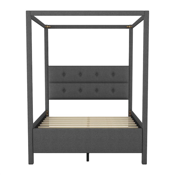 Angel Sar Gray Wood Frame Full Upholstery Canopy Bed with Tufted