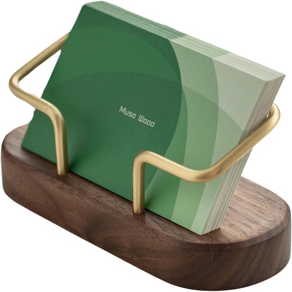 Walnut Brass Business Card Holder Elegant Wood and Metal Desk Display Stand for Office Tabletop 1-Pack