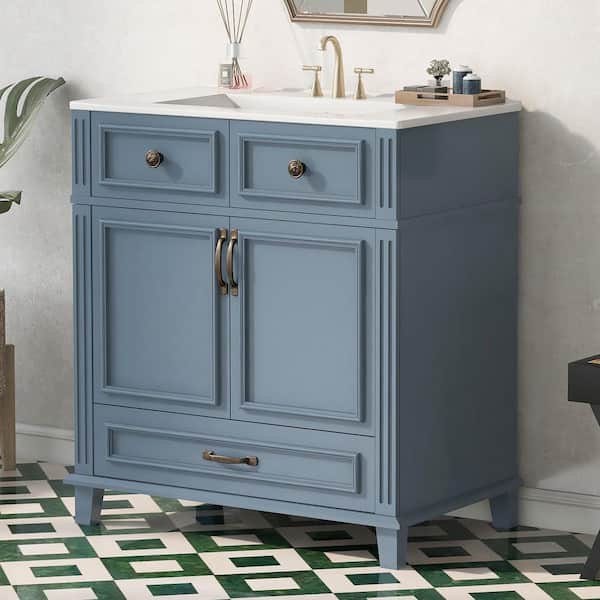 30 in. W Single Sink Freestanding Bath Vanity in Blue with White Ceramic Top and Soft Closing Doors