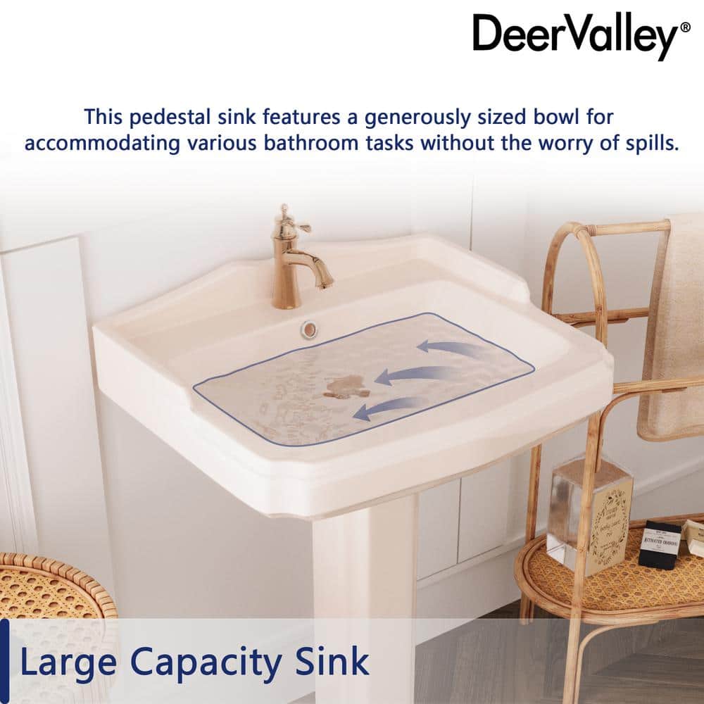 Bone Ceramic Rectangular Pedestal Bathroom Sink with Single Faucet Hole