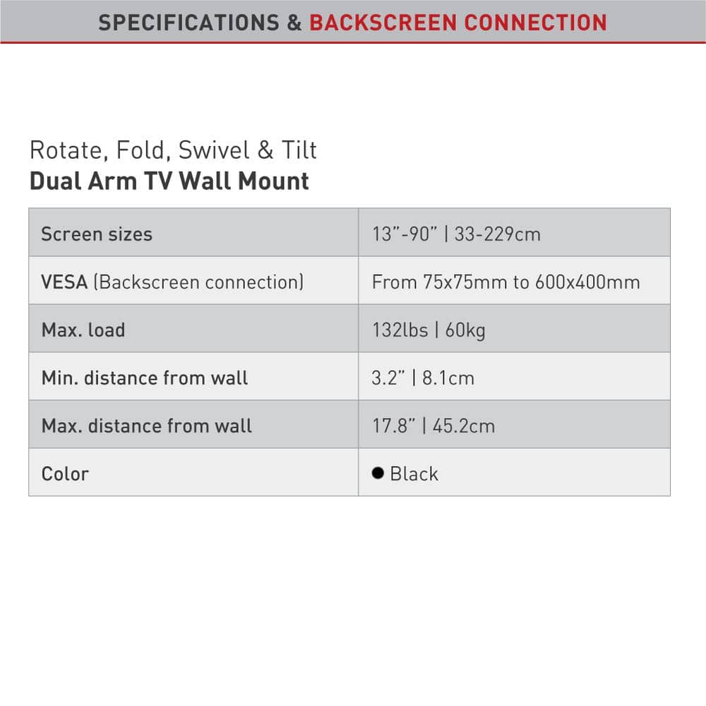 Black Full Motion Dual Arm TV Wall Mount for 13"-90" Screens