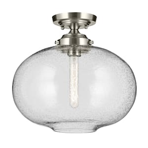 Avery 14.5 in. 1-Light Brushed Nickel Hallway Vintage Industrial Semi-Flush Mount Ceiling Light with Clear Seeded Glass