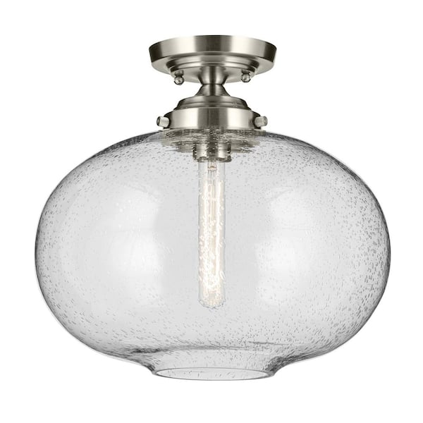 KICHLER Avery 14.5 in. 1-Light Brushed Nickel Hallway Vintage Industrial Semi-Flush Mount Ceiling Light with Clear Seeded Glass