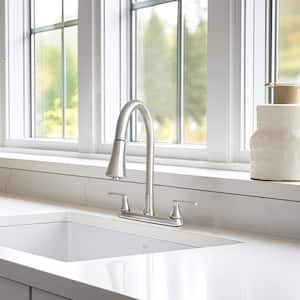 Dual Handle Pull-Down High Spout Kitchen Faucet with Dual Sprayer in Stainless Steel