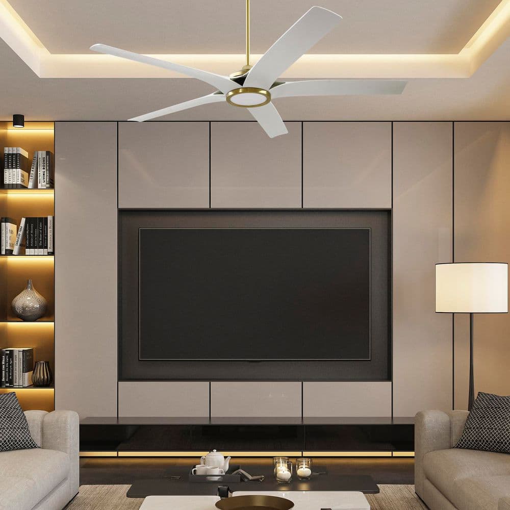 65 in. Satin Brass Finish White Blades Angled Mount Standard Ceiling Fan with Integrated LED and Wall Control Included