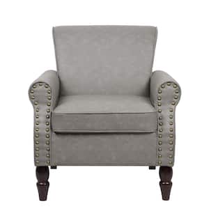Mid-Century Retro Wooden Legs Gray PU Leather Upholstered Accent Armchair with Nail head Trim (Set of 1)