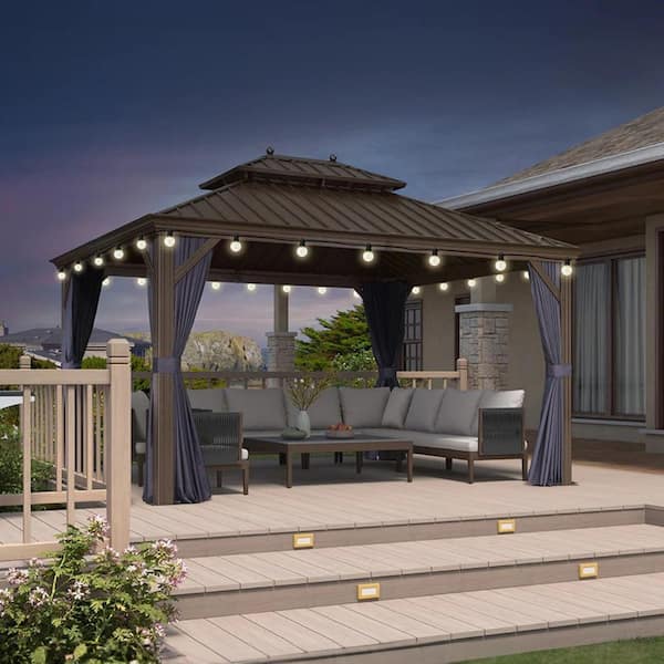 PURPLE LEAF 11 ft. x 13 ft. Bronze Patio Outdoor Gazebo Backyard Hardtop Aluminum Frame with Hooks, Netting Blue Curtain 24-Lights