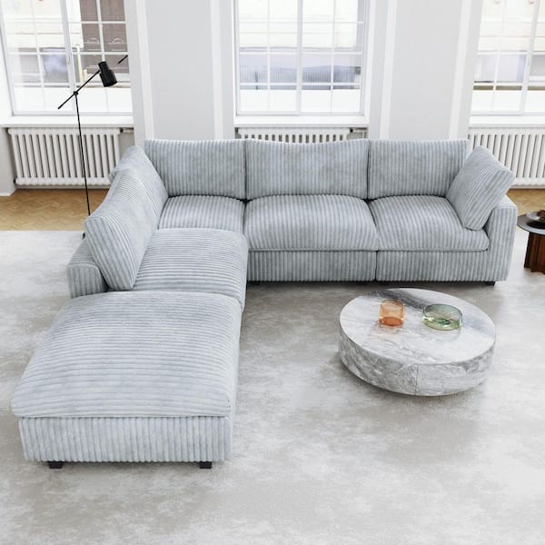 Oversized 157 in. Square Arm Plush Velvet L-Shaped Modular Sofa Lawson Cloud Couch with Ottoman, Washable Covers in Gray
