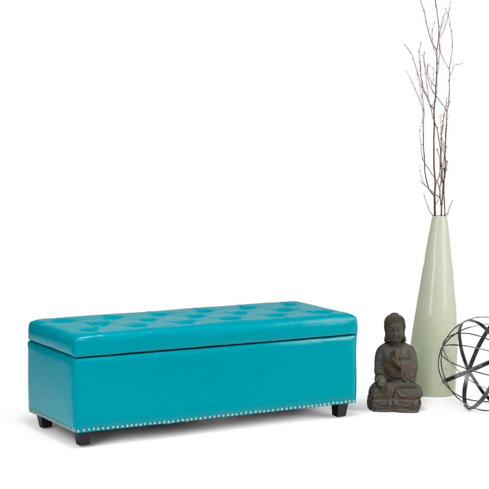 Mediterranean Blue Tufted Bonded Leather Large Storage Ottoman