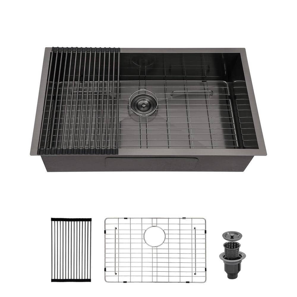 28 in. Undermount Single Bowl 18-Gauge Gunmetal Black Steel Kitchen Sink wi