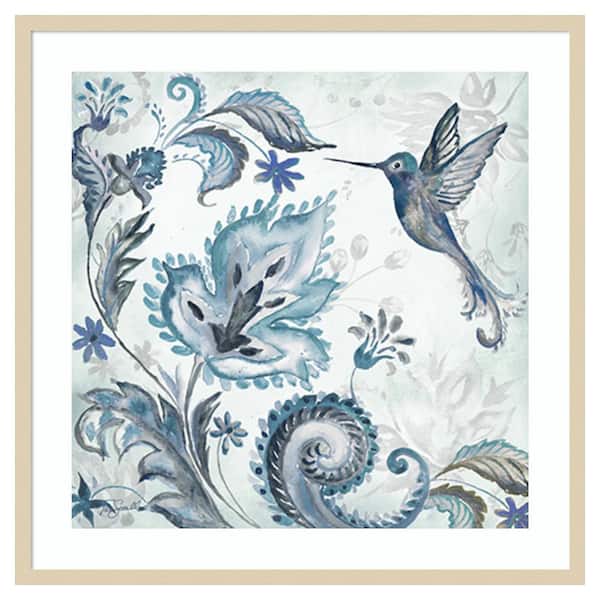 Amanti Art Watercolor Boho Blue Hummingbird II by Tre Sorelle Studios 33 in. W x 33 in. H. Wood Framed Wall Art Print