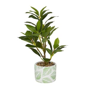 16 in. H Bay Laurel Artificial Plant with Realistic Leaves and Leaf Patterned Pot