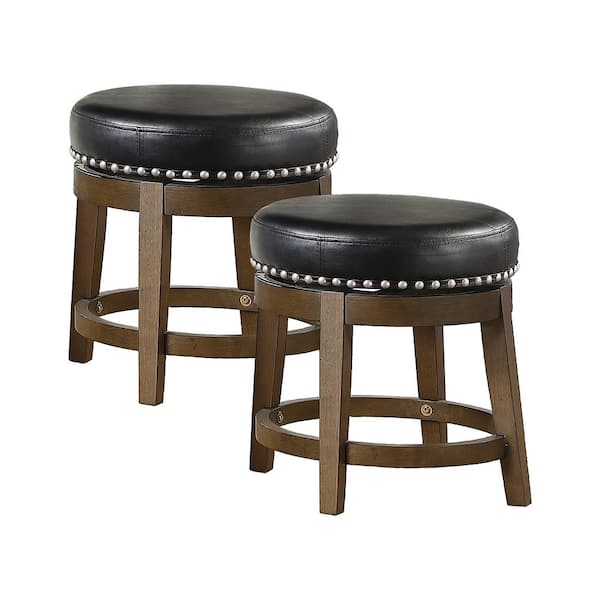 EVERGLADE HOME Paran 19.5 in. Brown Backless Wood Frame Round Swivel Dining Bar Stool with Black Faux Leather Seat (Set of 2)