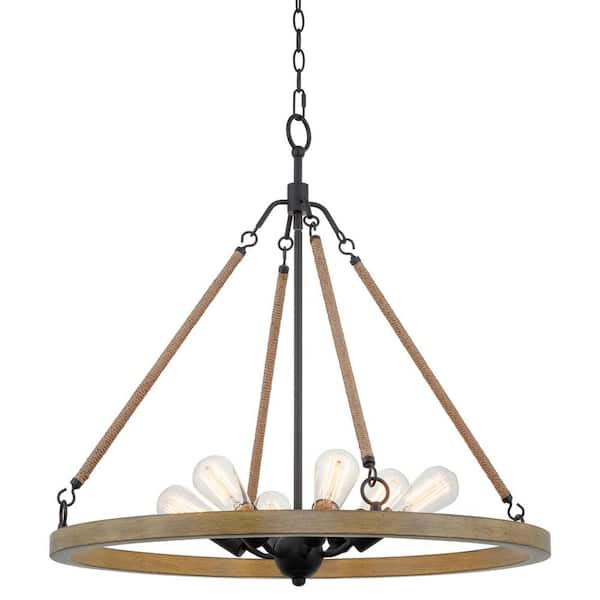 Kira Home Belmont 60-Watt 6-Light Black Farmhouse Chandelier with Smoked Birch Shade, No Bulb Included
