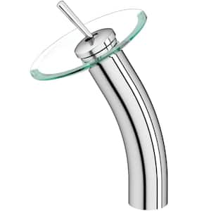 Waterfall Single-Handle Vessel Sink Faucet with Clear Glass Disk in Chrome