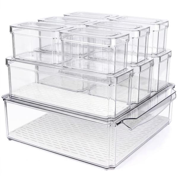 10-Pack Stackable Clear Plastic Refrigerator Pantry Organizer Bins with Lids for Kitchen Food Storage Set