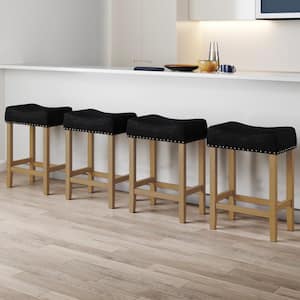 Hylie 24 in. Brown Nailhead Wood Counter Height Bar Stool Dark Gray Faux Leather Cushion Light, Set of 4