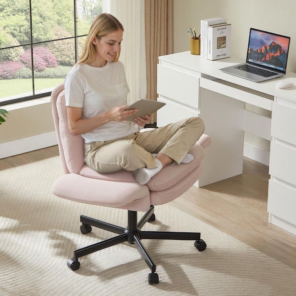 Velour Thick Cushioned Cross-Legged Office Chair in Pink with Adjustable Padded Arms, Mid Back Vanity Chair for Bedroom