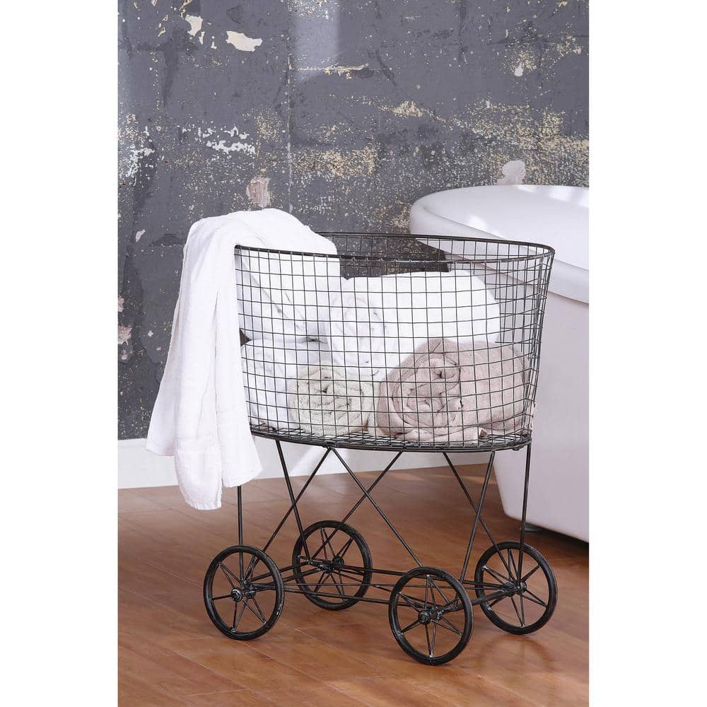 Black Metal Rustic Laundry Basket with Wheels
