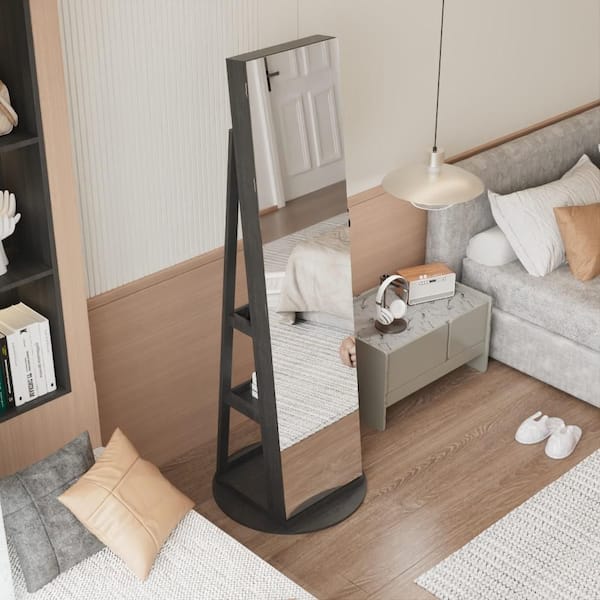 Black 21.6 in. W x 62.3 in. H Rectangle Wood Full Length Mirror Jewelry Cabinet & 360° Rotating Mirror Lockable Storage