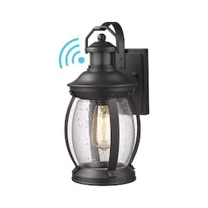 1-Light Black Motion Sensing Non Solar LED Outdoor with Seeded Glass Shade Wall Lantern Sconce Light