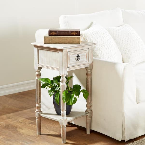 Litton Lane 14 in. White 1 Drawer and 1 Shelf Large Rectangle Wood End Accent Table