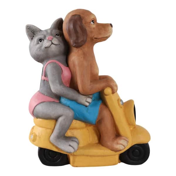 17 in. Yellow Resin Dog and Cat On Solar Scooter Garden Statue