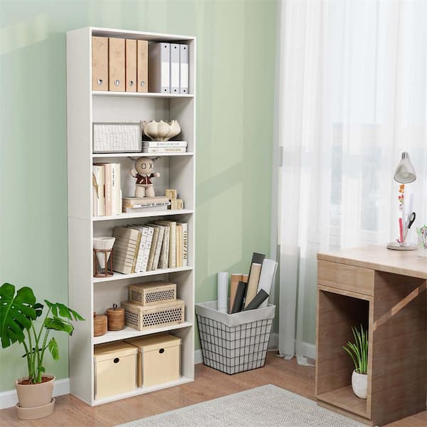 71 in. Tall White MDF 6-Shelf Bookcase with 6 Open Shelves Anti-Toppling Kits for Living Room