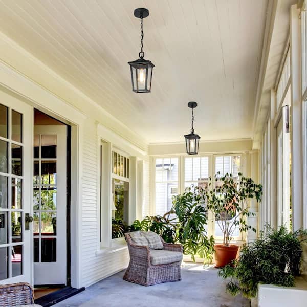 12.5 in. Modern Black Outdoor Small Pendant 1-Light Coastal Clear Glass Hanging Lantern for Covered Gazebo Front Door