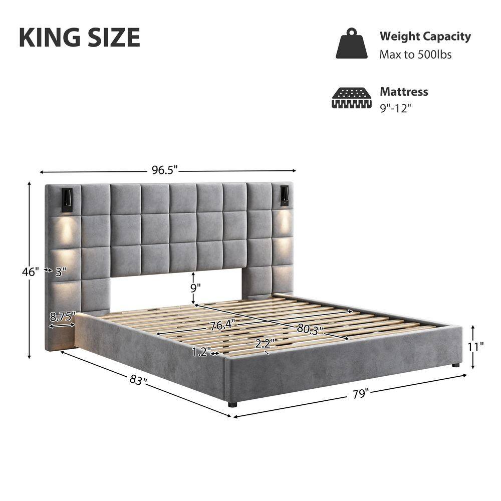 Svens Modern Gray Velvet Upholstered Wood Frame King Size Platform Bed with Headboard, Lamps and USB Ports - thumbnail 6