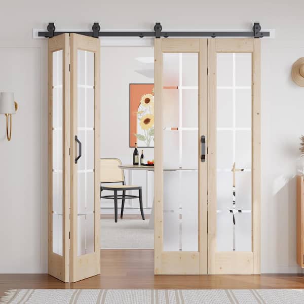 72 in. x 84 in. (Double 36 in. Bi-fold Door) Pre Assembled Frosted Glass Solid Core Wood Brown Bi-fold Door w/ Hardware