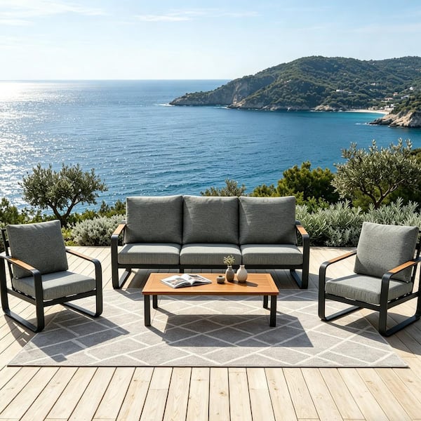LANTINE 4-Piece Patio Conversation Set with Gray Cushions Sturdy Metal ...