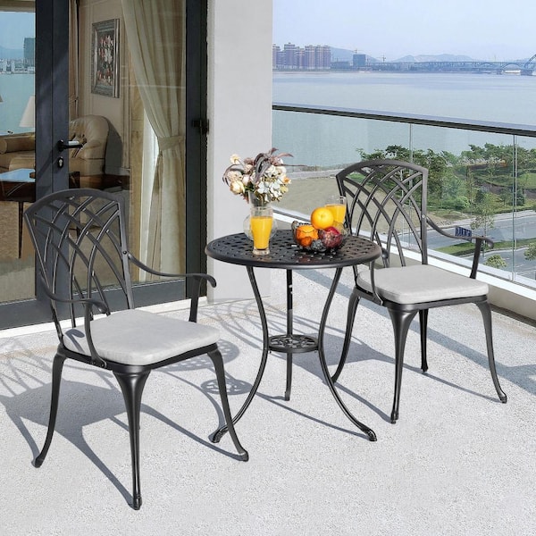 3-Piece Cast Aluminum Patio Bistro Set Rust-proof Outdoor Bistro Set with Gray Cushion