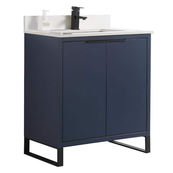 FINE FIXTURES Opulence 30 in. W x 18 in. D x 33.5 in. H Bath Vanity in Navy Blue with White Carrara Single sink Top