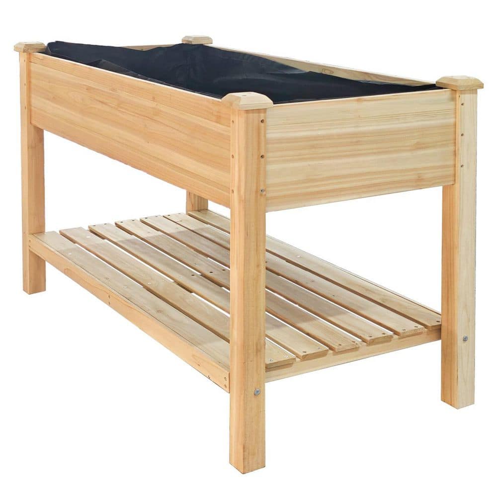 Natural Wood Raised Garden Bed with Water Collection Tray, Storage Shelf and Protective Liner (48 in. L x 23 in. W)