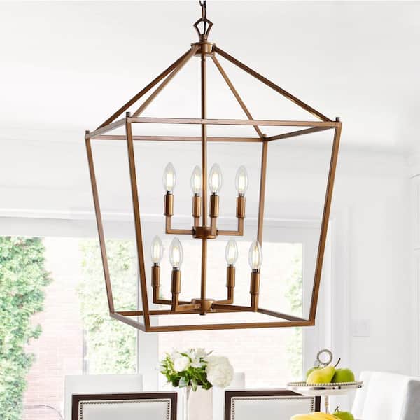 Pagoda 20 in. 8-Bulb Antique Gold Lantern Metal LED Pendant