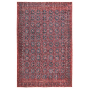 Dark Red/ Blue 7 ft. 6 in. X 10  Machine Washable Kate Lester by Jaipur Living Kalinar Damask Area Rug