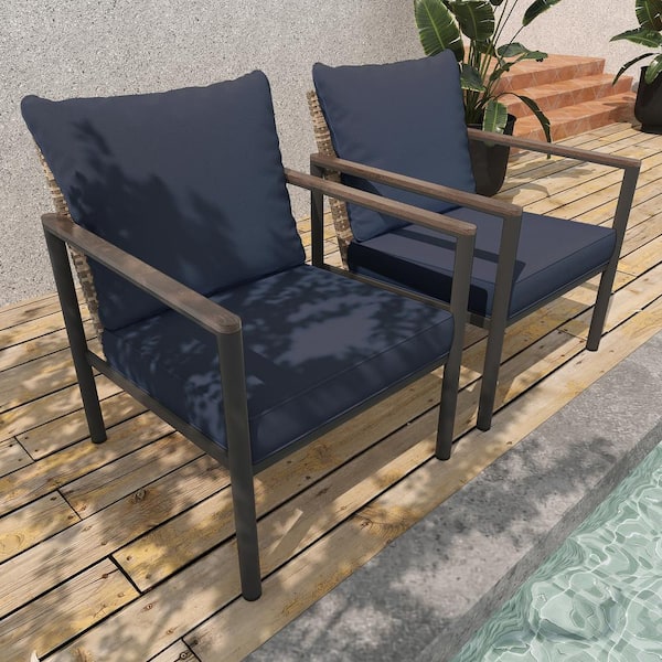 INMITOM 2-Piece Outdoor Patio Wicker Lounge Chair with Blue Cushions for Casual Seating